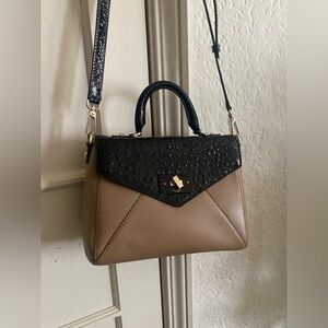 Kate Spade vintage turn lock satchel handbag black patent camel